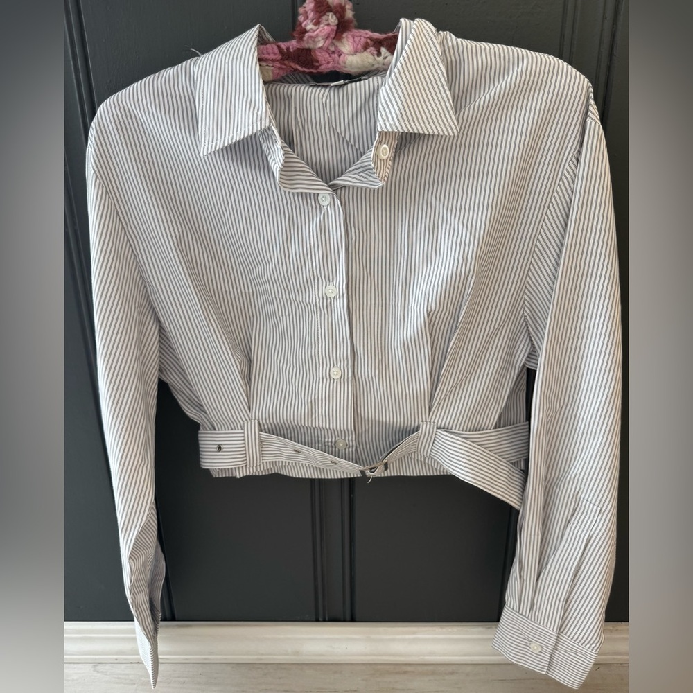 Blush Pinstripe Button-Up Crop Top - Black and White